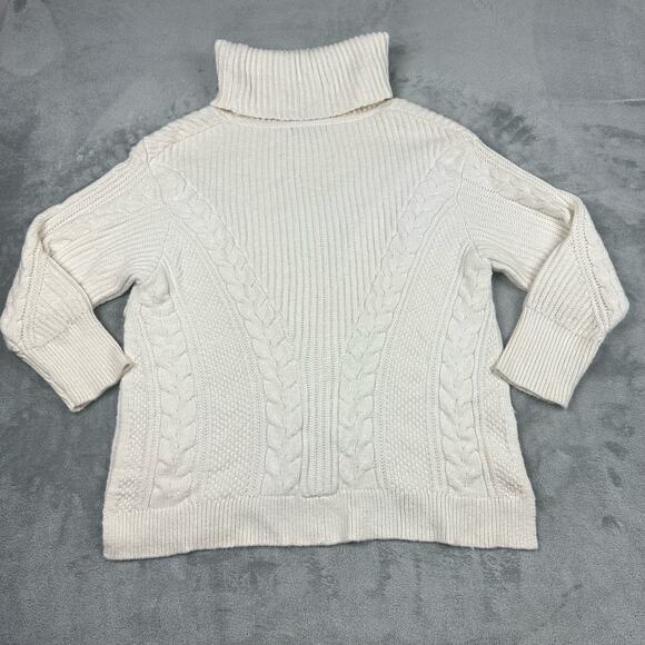 Banana Republic Size L Womens Ivory Wool Blend Cable Knit Turtleneck Sweater - Picture 2 of 8